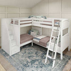 White L-shaped bunk bed with stairs and a cozy rug in a modern bedroom.