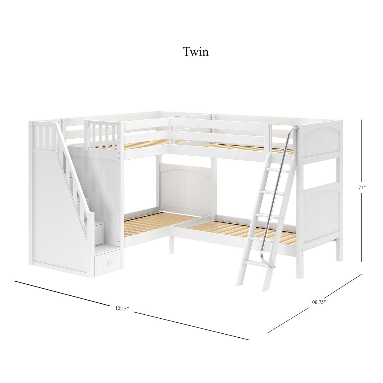 L-shaped twin bunk bed with stairs and ladder, dimensions 122.5x100.75x71 inches, white finish.