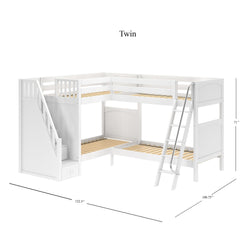L-shaped twin bunk bed with stairs and ladder, dimensions 122.5x100.75x71 inches, white finish.