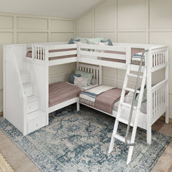 White L-shaped triple bunk bed with cozy bedding and integrated storage stairs in a modern bedroom with patterned blue rug.