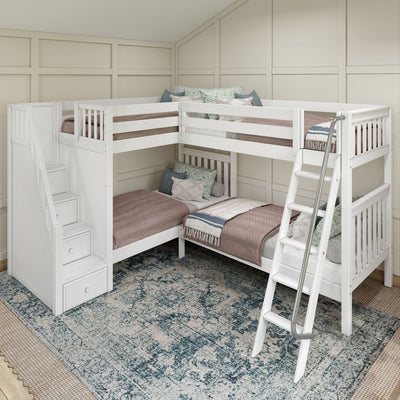 White L-shaped bunk bed with wooden stairs and ladder in a cozy bedroom with decorative pillows and patterned rug.