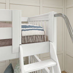 White wooden bunk bed with a cozy striped blanket and modern slide design.