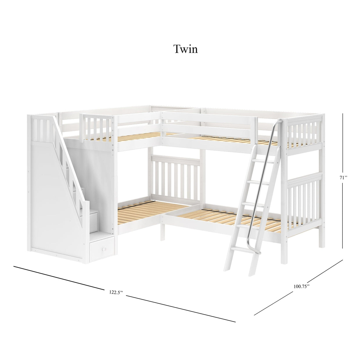 L-shaped white twin bunk bed with stairs and ladder, dimensions 71" x 122.5" x 100.75".