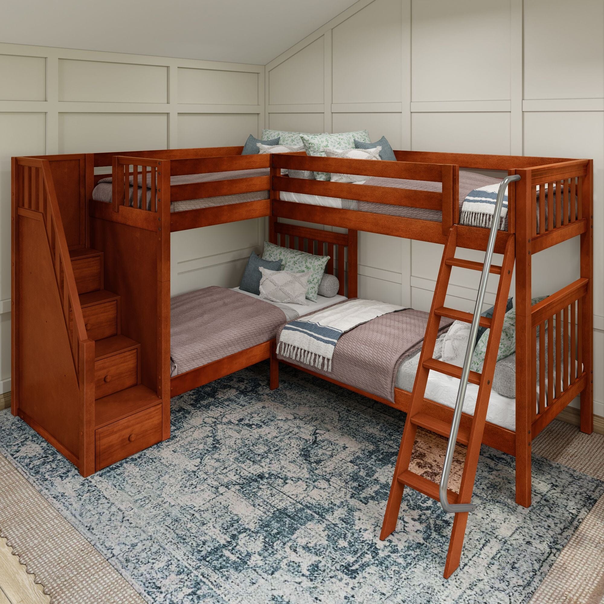 Wooden bunk bed with ladder in a cozy child’s bedroom featuring bedding and a minimalist design.