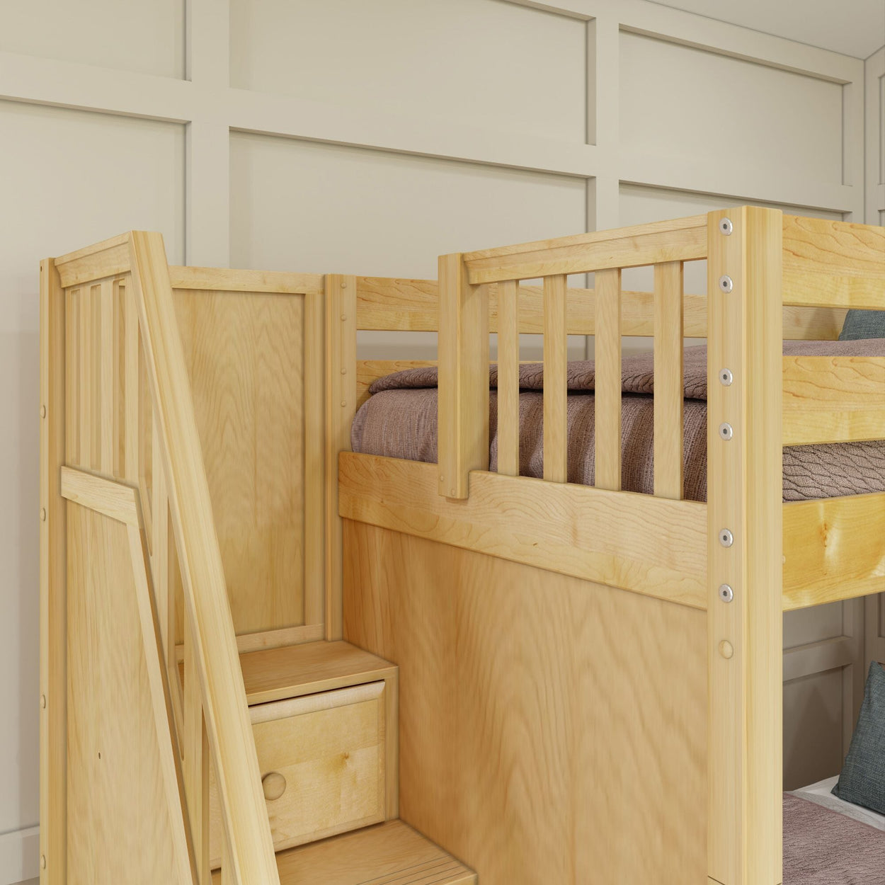 Wooden bunk bed with built-in storage stairs in a modern bedroom setting.