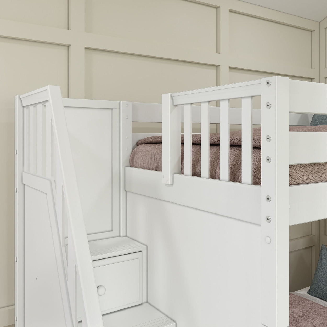 White wooden bunk bed with built-in storage stairs and beige bedding, modern kids' room design.
