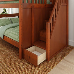 Bunk bed with built-in staircase and storage drawers in a cozy bedroom setting.