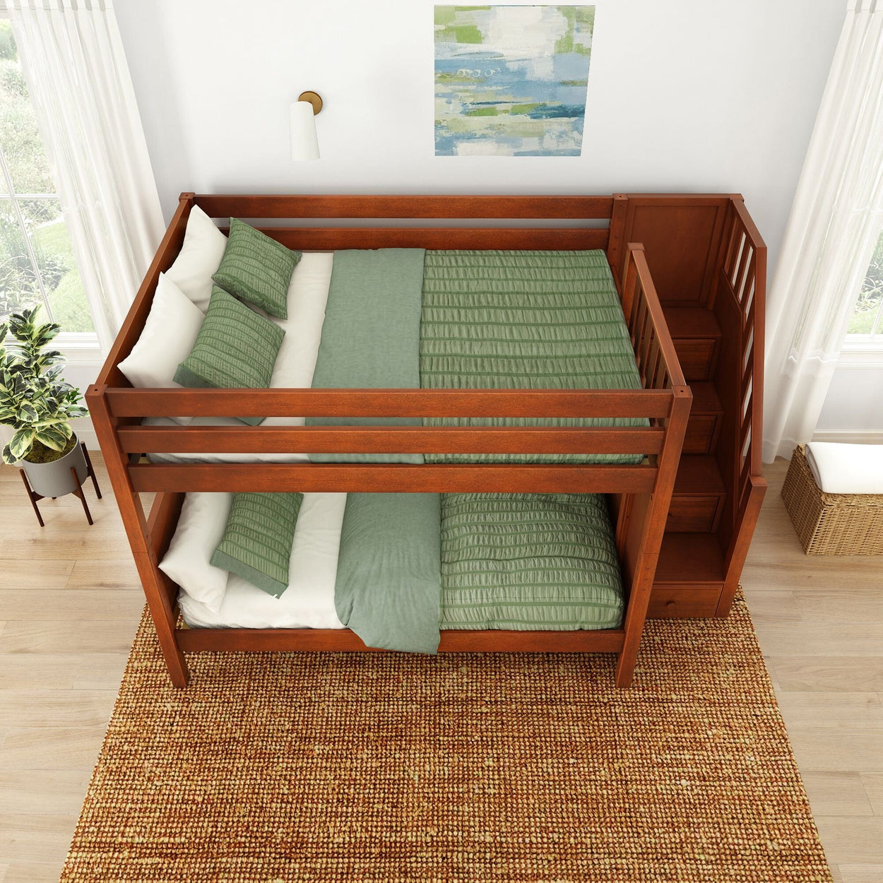Wooden loft bed with green bedding and built-in stairs in a modern bedroom setting.
