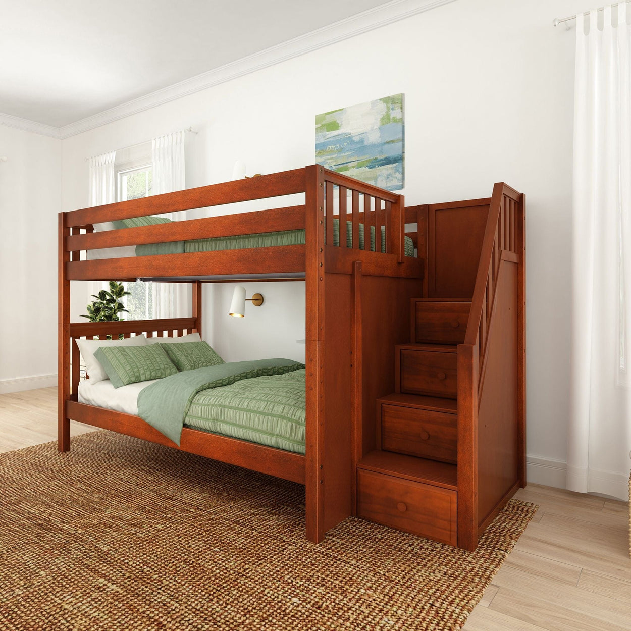 Wooden bunk bed with staircase and green bedding in a bright bedroom setting.