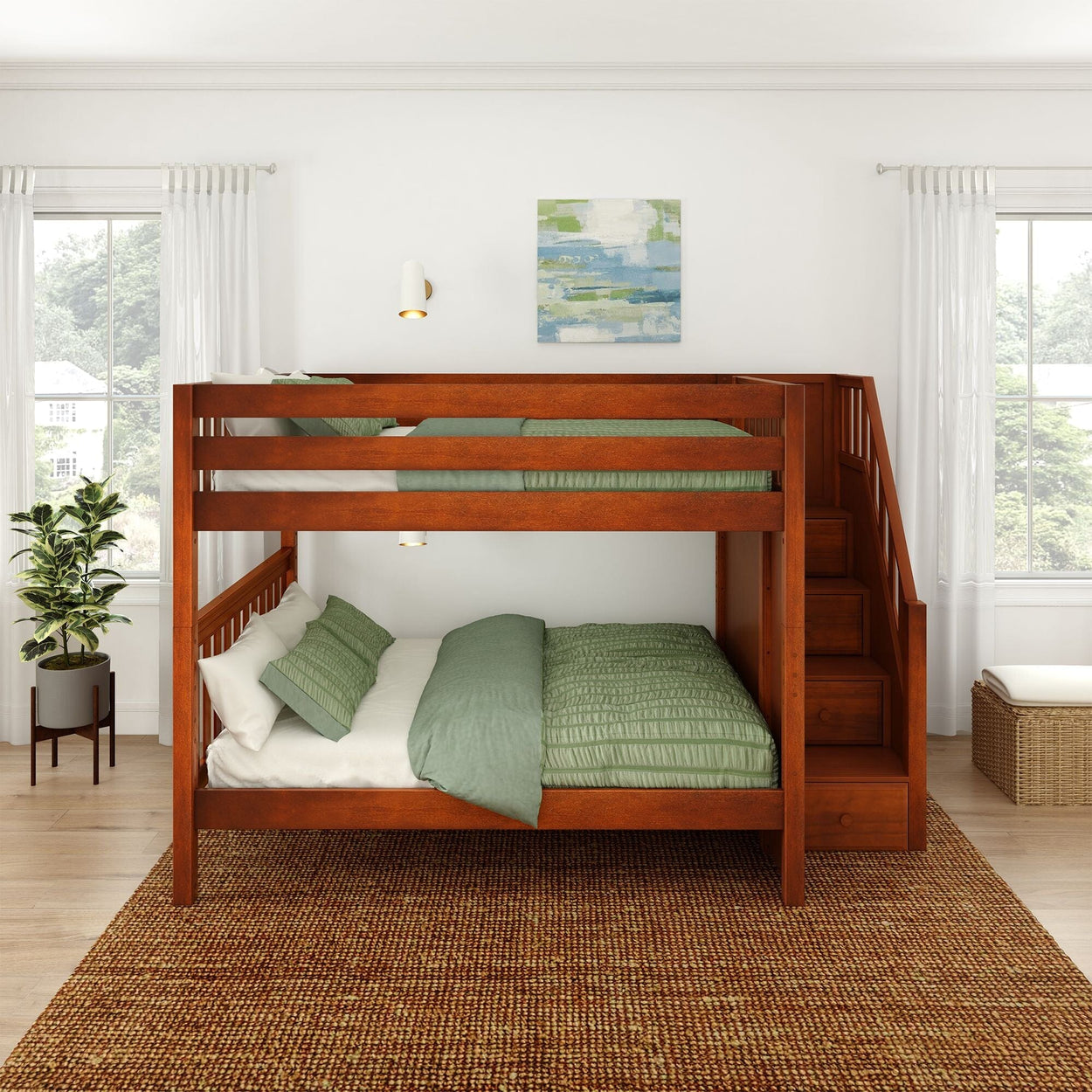Wooden bunk bed with green bedding in a bright, modern bedroom interior.