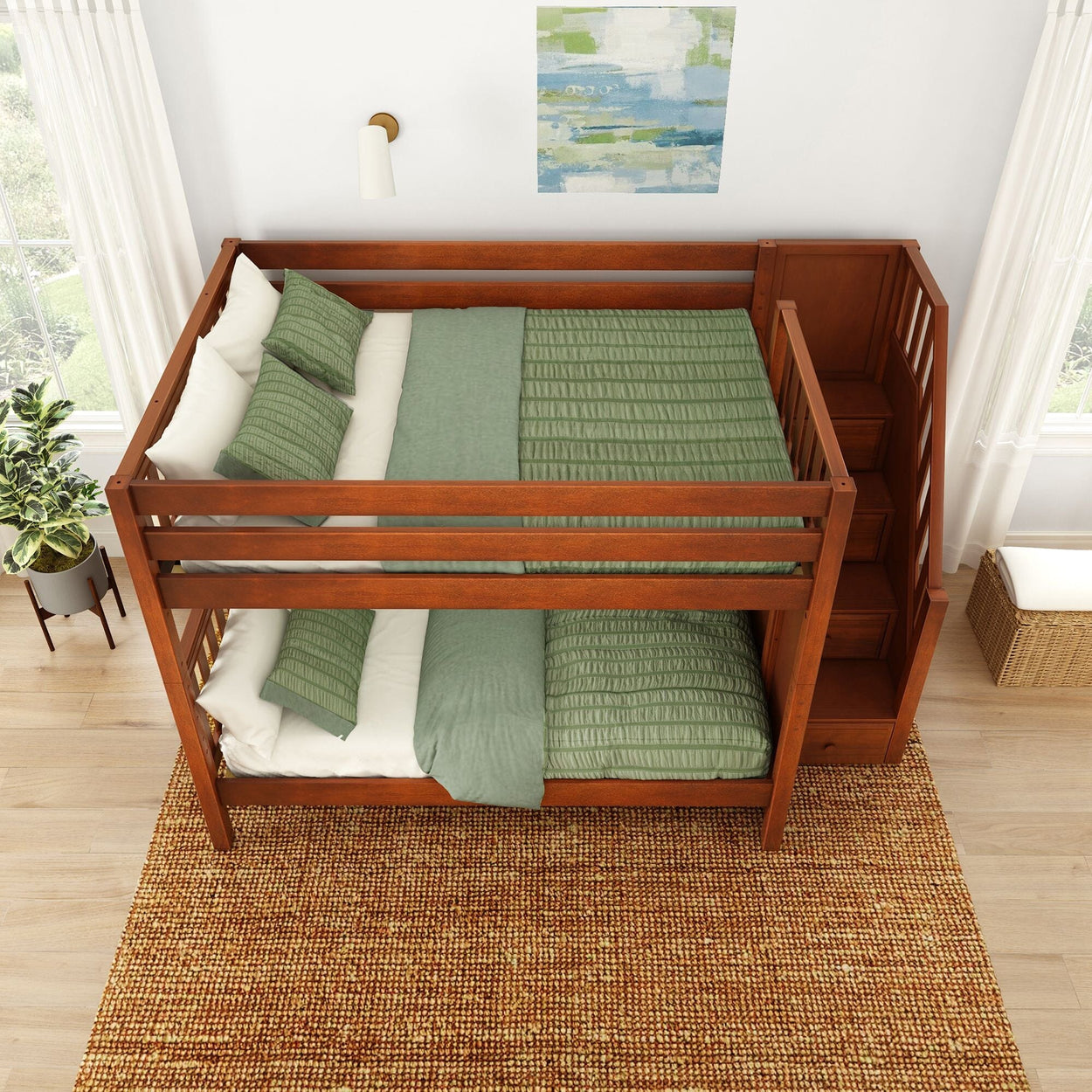 Wooden bunk bed with green bedding placed in a modern minimalist bedroom.