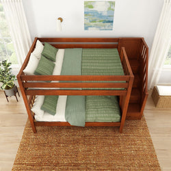 Wooden bunk bed with green bedding placed in a modern minimalist bedroom.