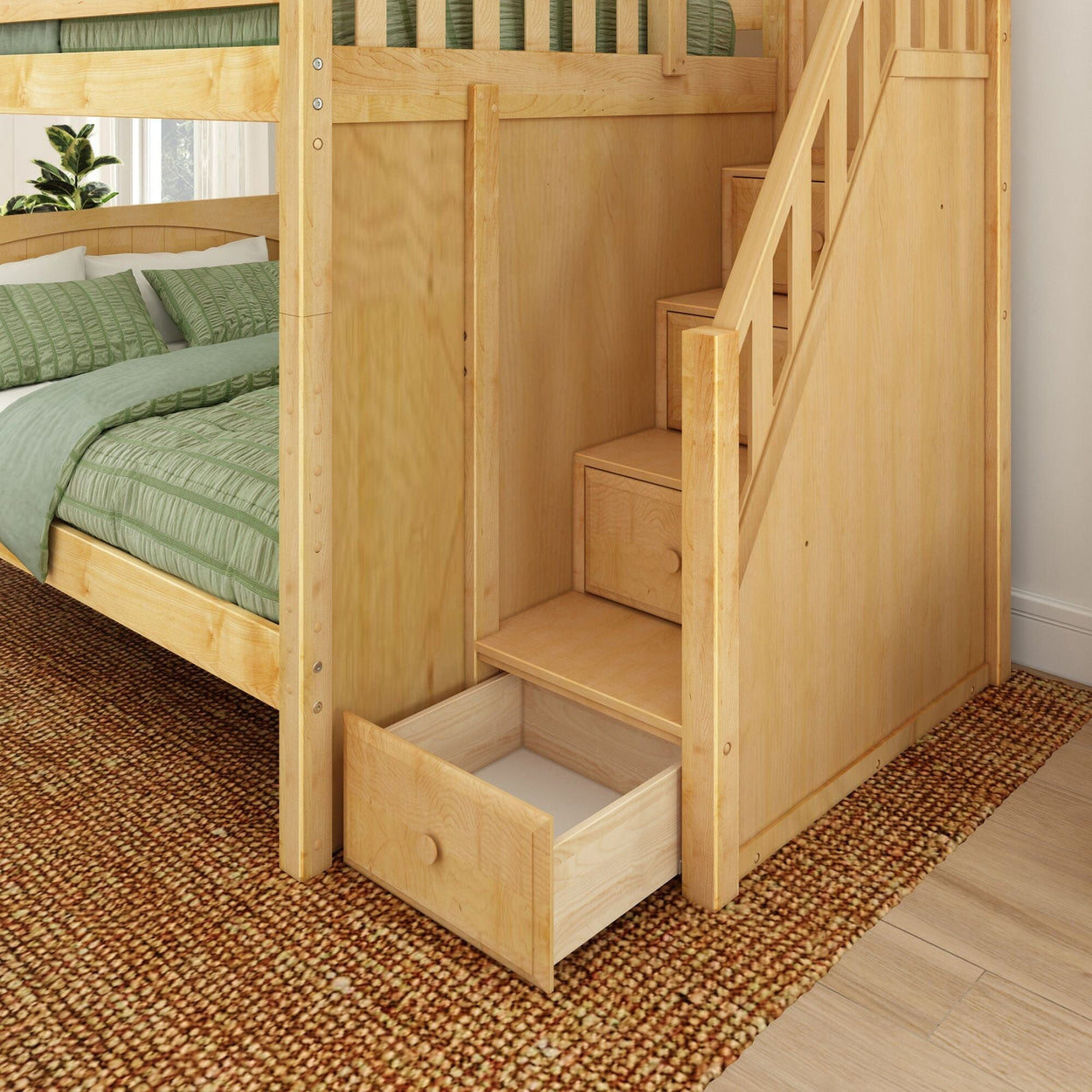 Bunk bed with stairs and built-in storage drawers in a cozy bedroom setting.