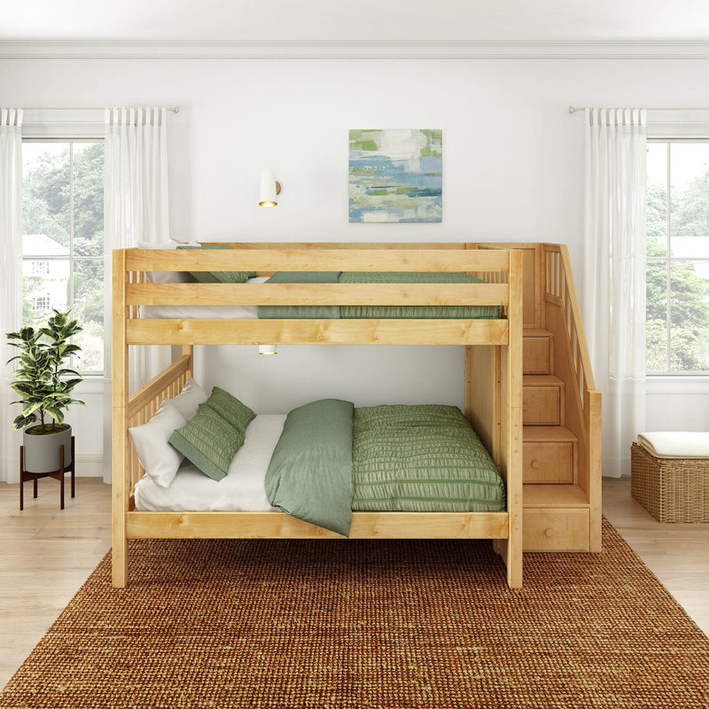 Natural wood bunk bed with green bedding and built-in stair storage in bright kids' bedroom with white curtains and potted plant