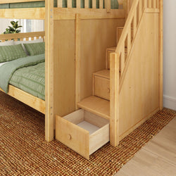 Wooden bunk bed with built-in staircase drawers for space-saving bedroom storage solutions.