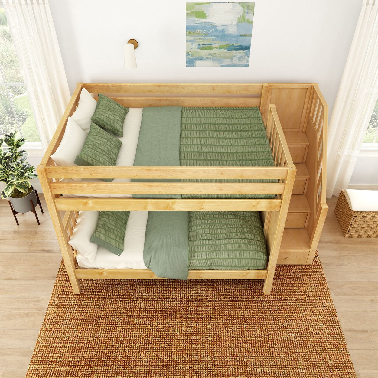Wooden bunk bed with green bedding and side stairs in a bright, modern bedroom setting.