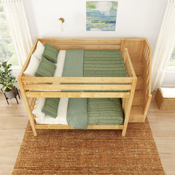 Wooden bunk bed with green bedding and side stairs in a bright, modern bedroom setting.