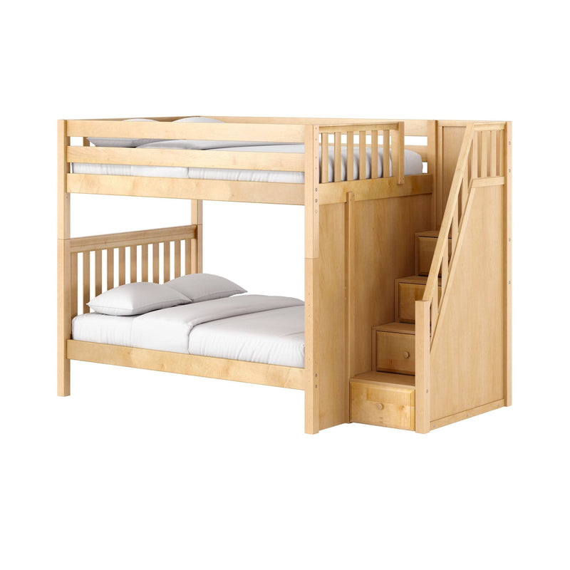 Natural maple twin-over-full bunk bed with staircase and built-in storage drawers, slatted headboards and white bedding, solid wood kids' loft bed