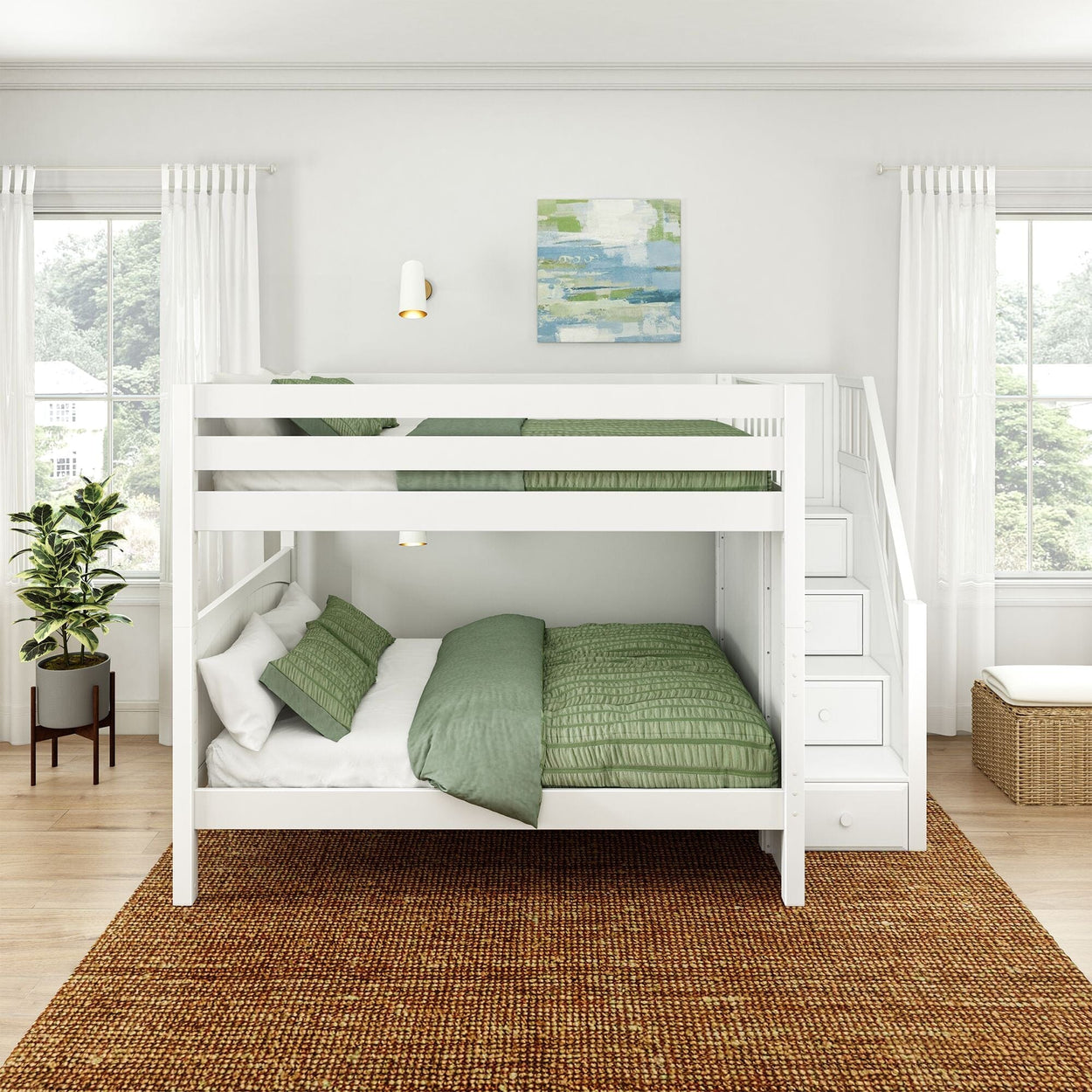 White wooden bunk bed with green bedding in a modern bedroom with natural light.