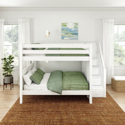 White wooden bunk bed with green bedding in a modern bedroom with natural light.