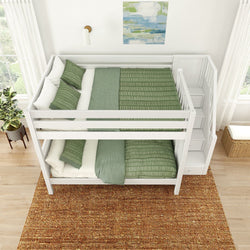 White bunk bed with green bedding in a modern bedroom, featuring stair storage and a woven rug.