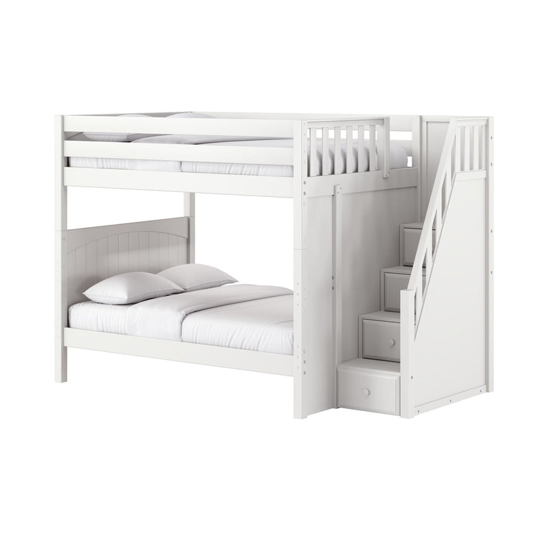 White wooden twin-over-full bunk bed with built-in staircase and storage drawers, modern kids bedroom furniture