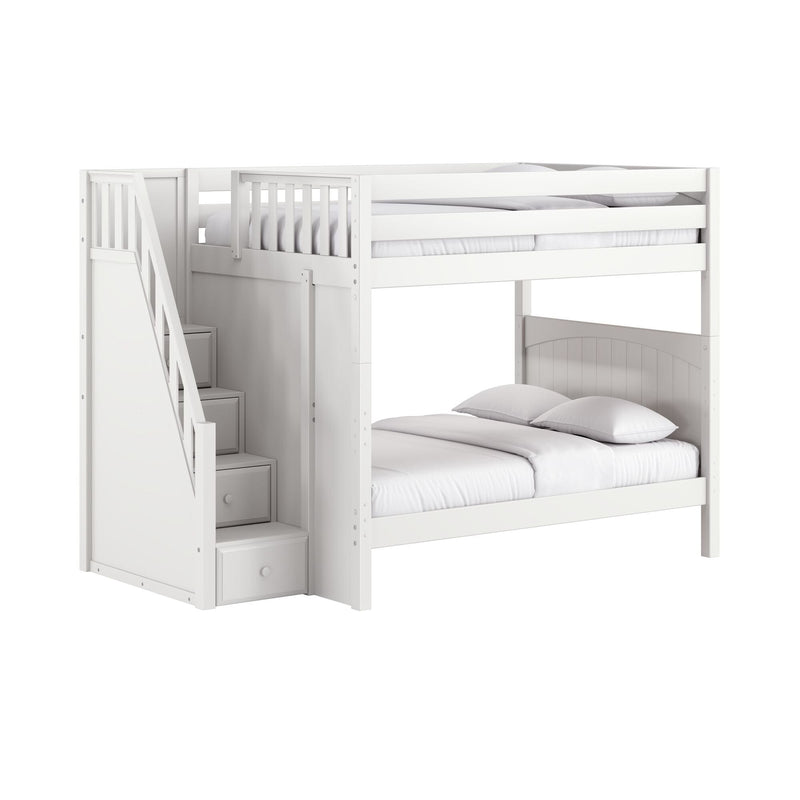White wooden loft bunk bed with staircase and built-in storage drawers, modern kids bedroom furniture with white bedding