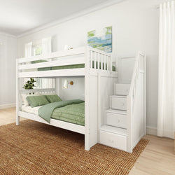 White wooden bunk bed with green bedding and stairway drawers in a modern bedroom design.
