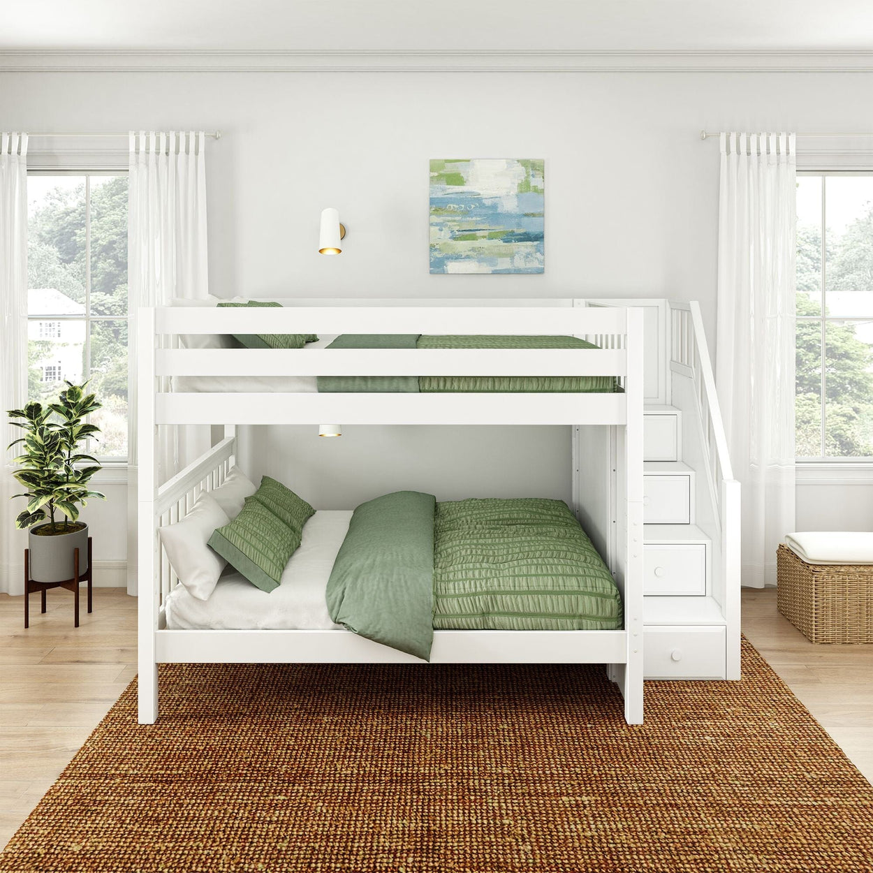 White wooden bunk bed with green bedding in a bright room featuring natural light and minimalist decor.
