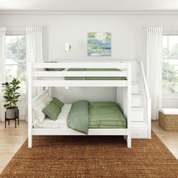White wooden bunk bed with green bedding in a bright room featuring natural light and minimalist decor.