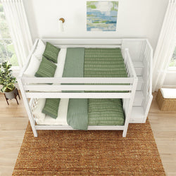 White bunk bed with green bedding and built-in stairs in a bright, modern bedroom.