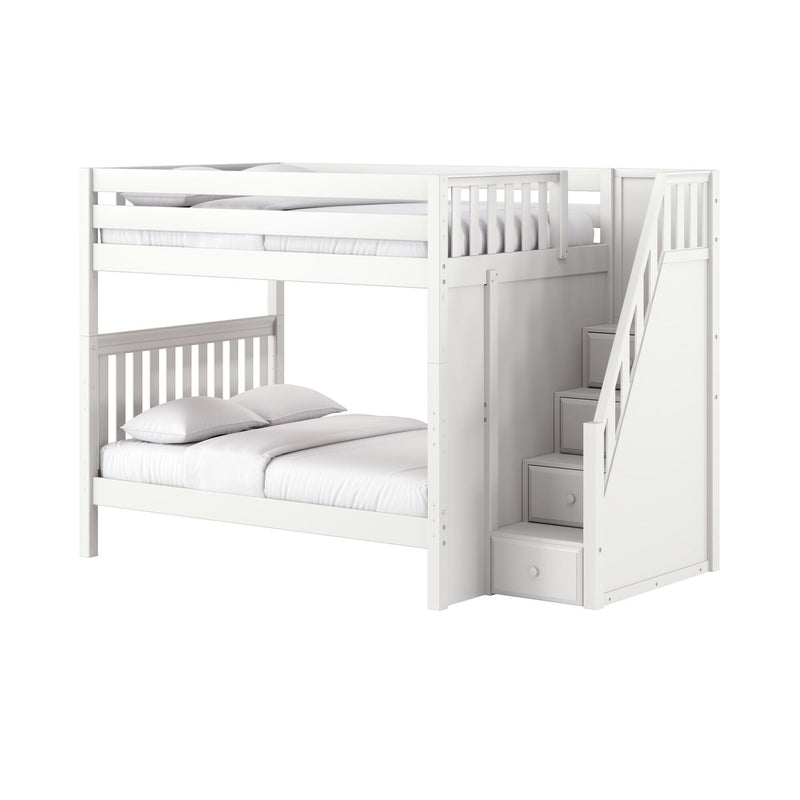 White wooden bunk bed with built-in staircase and storage drawers, twin-over-full loft bed with guardrails and white bedding for kids