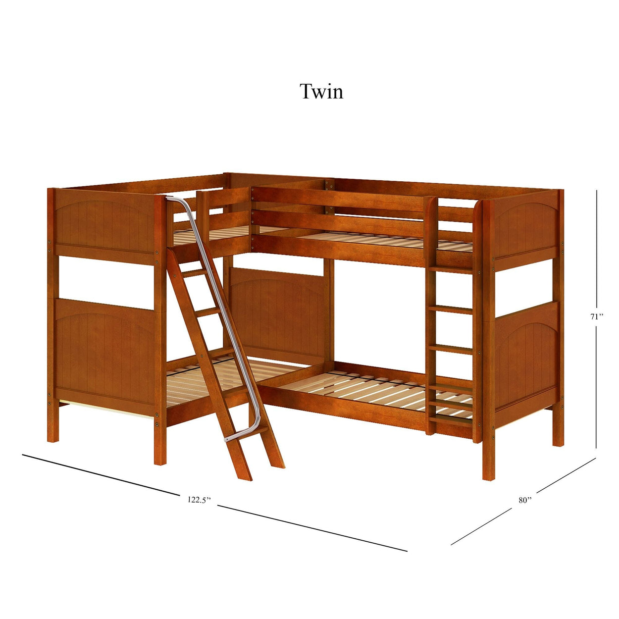 Twin wooden bunk bed with ladder and measurements, ideal for kids' room space saving.