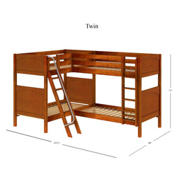 Twin wooden bunk bed with ladder and measurements, ideal for kids' room space saving.