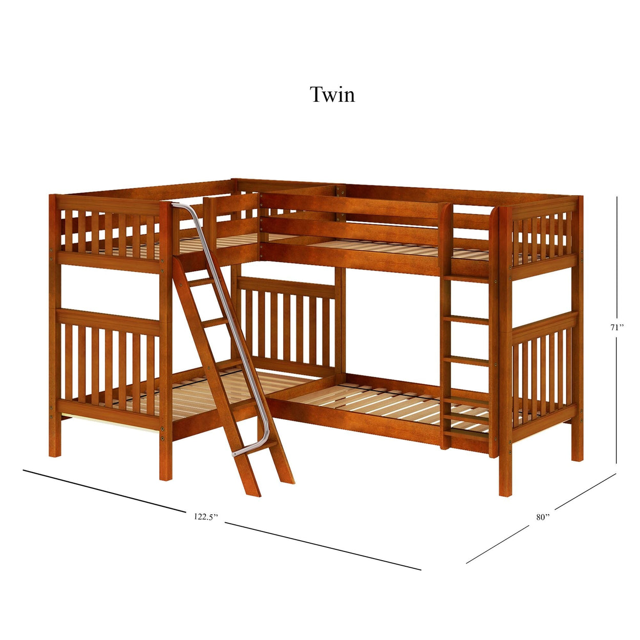 Twin wooden bunk bed with ladder and dimensions.