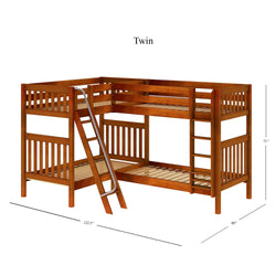 Twin wooden bunk bed with ladder and dimensions.