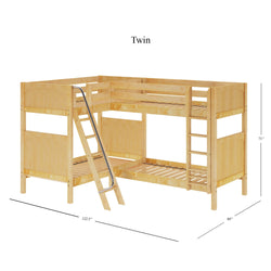 Twin wooden bunk bed with angled stairs and safety rails, measuring 122.5 inches long, 80 inches wide, and 71 inches high.