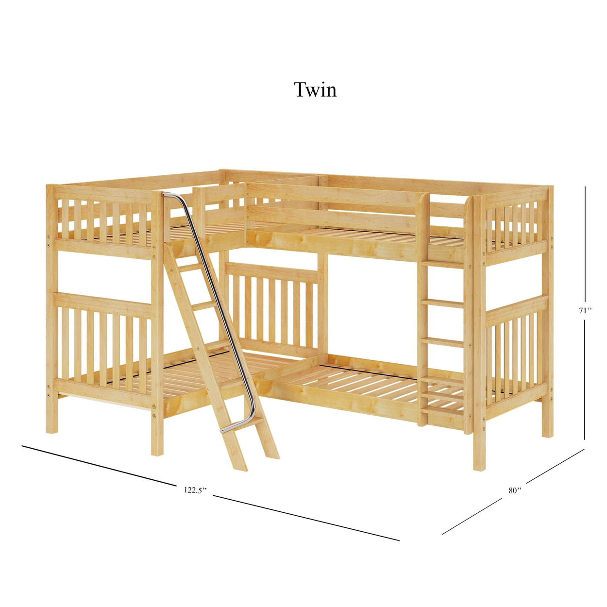 Twin wooden bunk bed with ladder and safety rails, including dimensions for children's furniture.