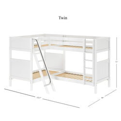 L-shaped white twin bunk bed with ladder and dimensions, ideal for space-saving bedroom furniture.