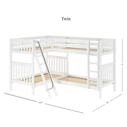 White wooden twin bunk bed with slide, dimensions 122.5" x 80" x 71".