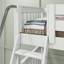 White wooden loft bed with striped blanket and metal ladder in modern bedroom.