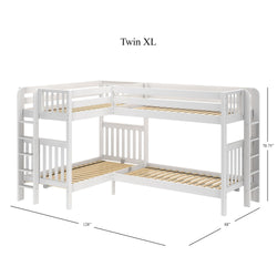 L-shaped white twin XL bunk bed with ladders and measurements, ideal for maximizing bedroom space.