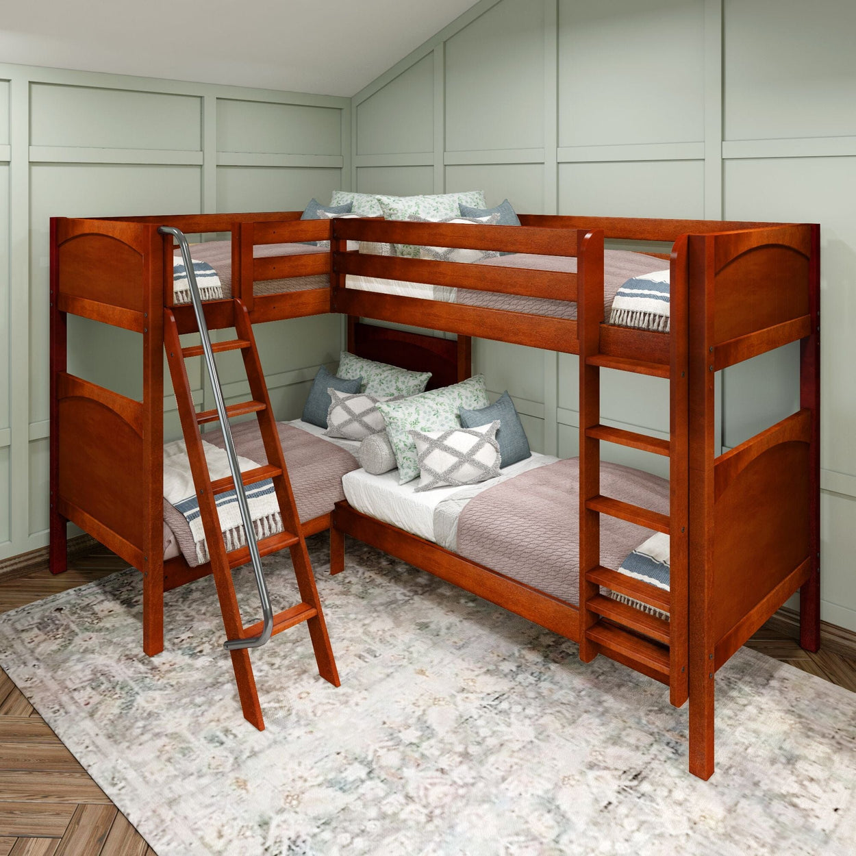 Four-person wooden bunk bed with ladder and bedding in a modern bedroom setting.