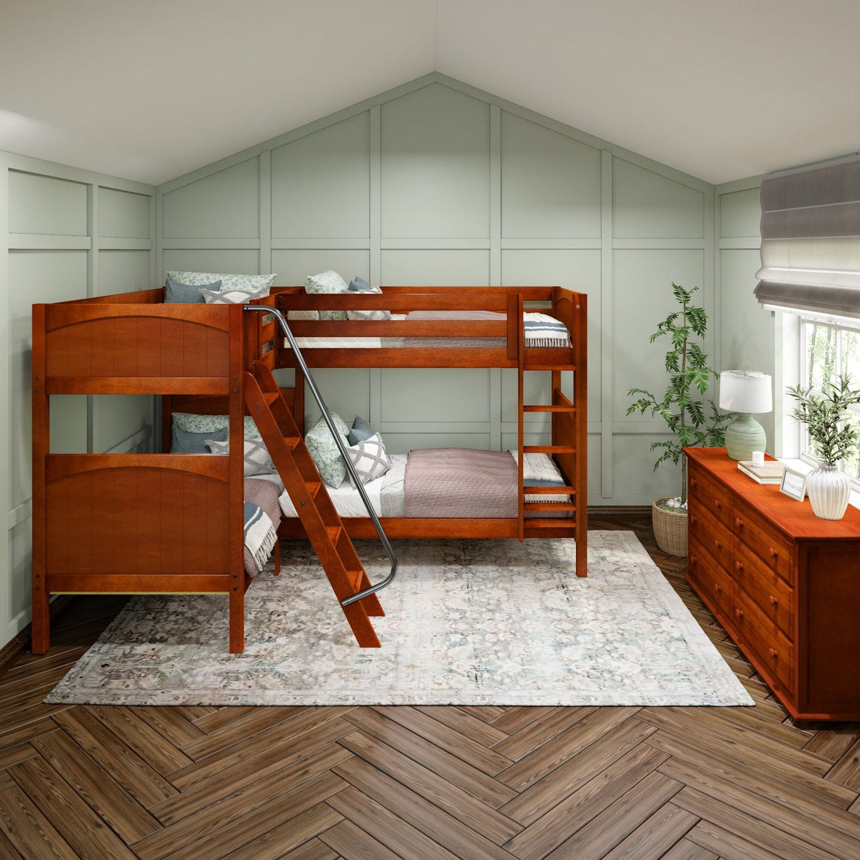 Wooden bunk bed in a cozy kids' bedroom with modern decor and natural light.