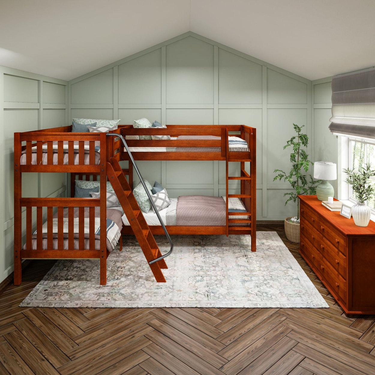 Stylish kids' room with wooden bunk bed, cozy decor, and natural light in a modern design.