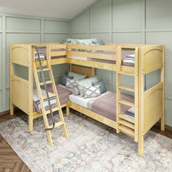 Four-person wooden bunk bed with ladder and bedding in a cozy bedroom setting.