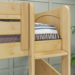 Natural wood bunk bed with striped blanket in modern bedroom setting.