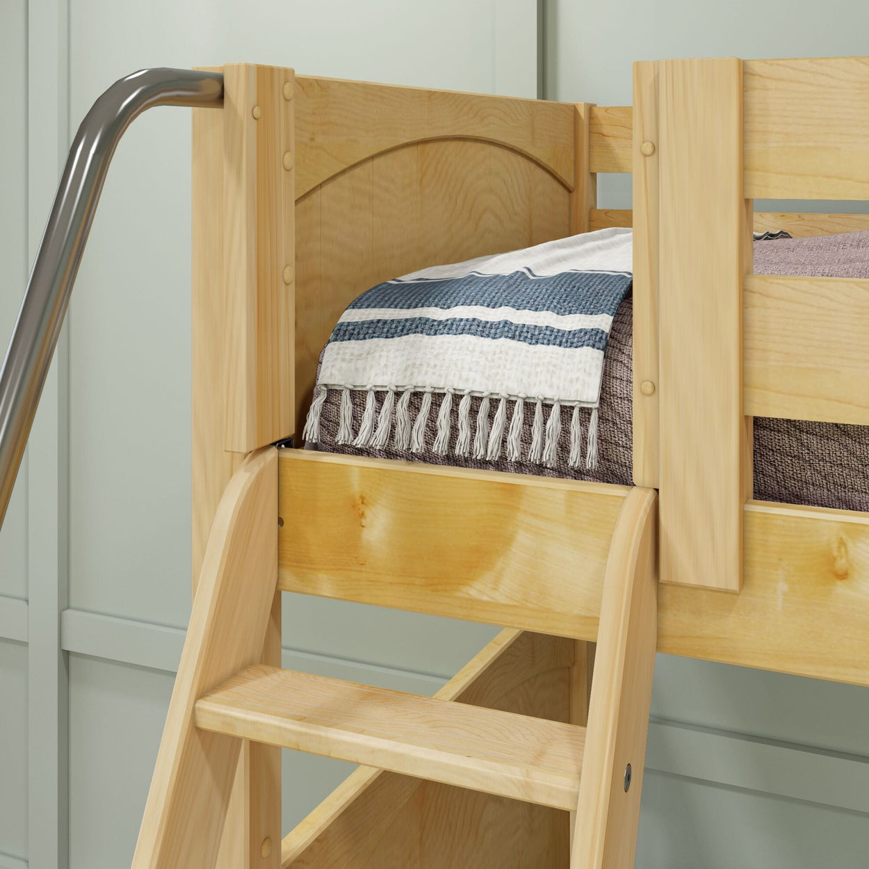 Wooden loft bed with built-in ladder and cozy blanket in modern bedroom.