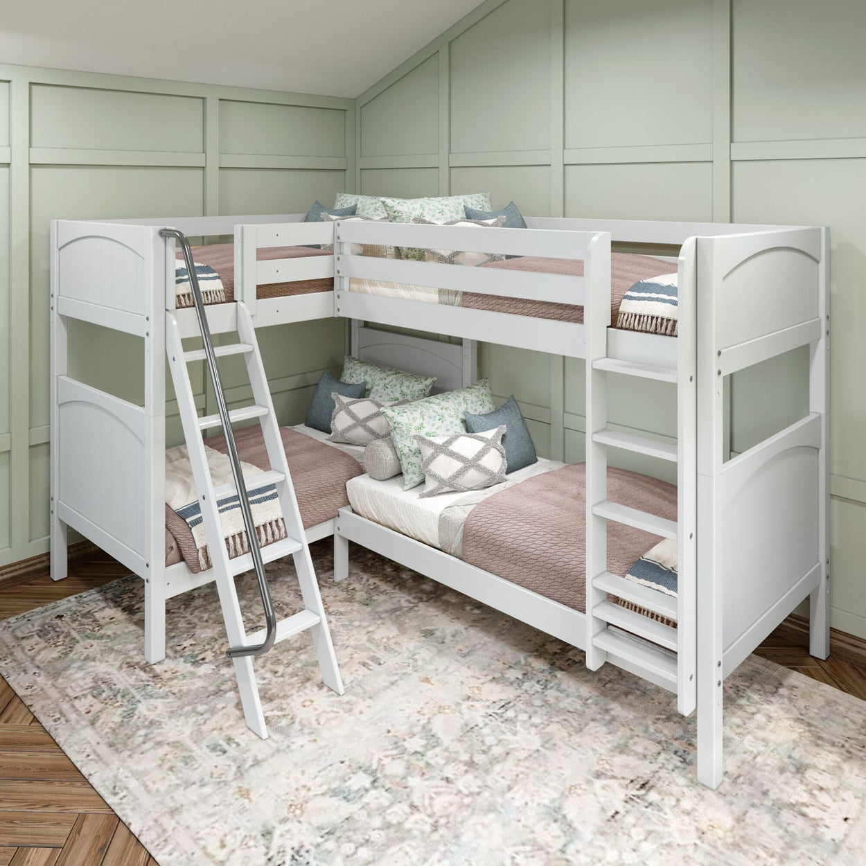 White twin over full bunk bed with ladder in a modern bedroom setting, featuring cozy bedding and decorative pillows.