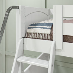 White wooden bunk bed ladder with blue and beige throw blanket.
